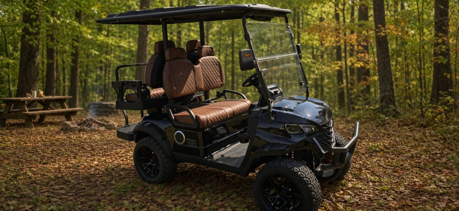 Black lifted Future 4-seater golf cart parked in the woods